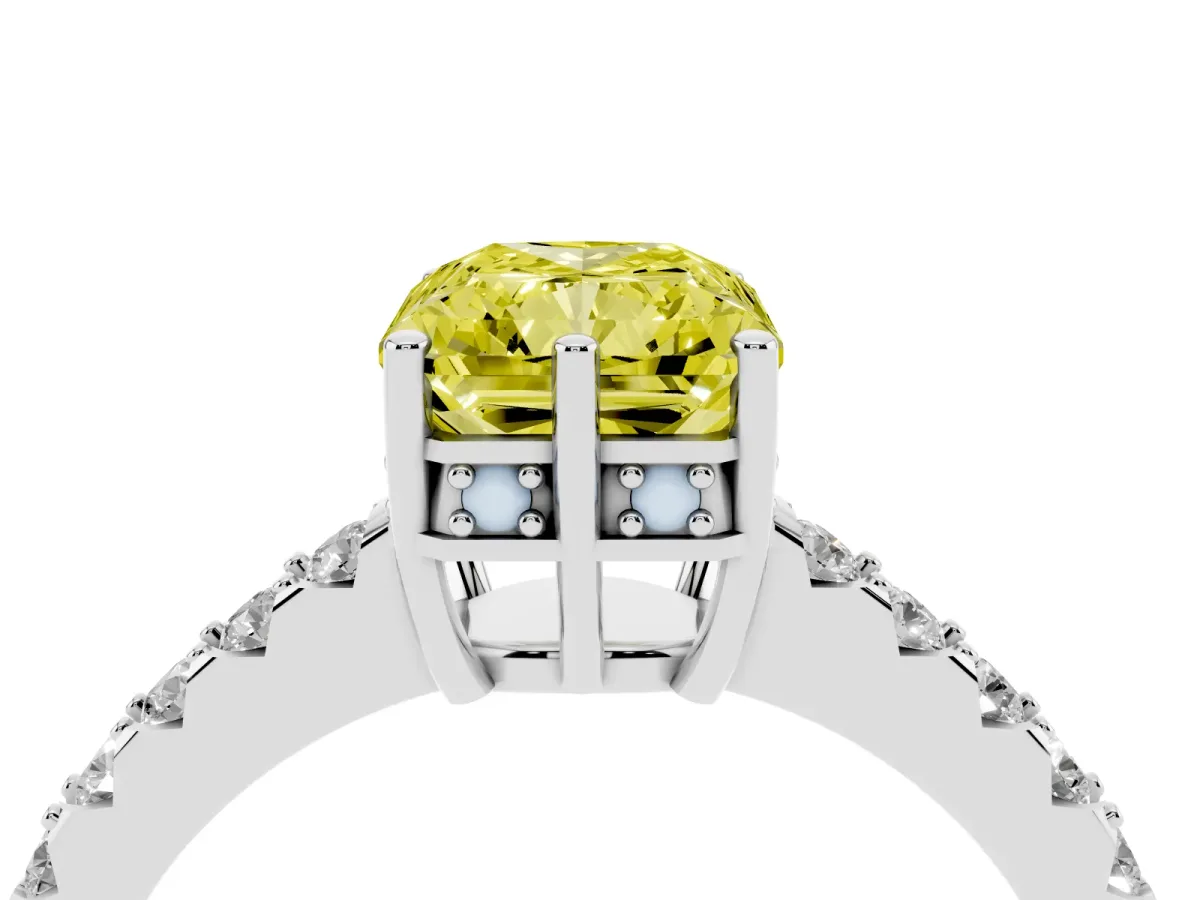 Fancy Yellow Radiant Cut Solitaire Diamond Engagement Ring with Pavé Band and Six-Prong Setting White gold