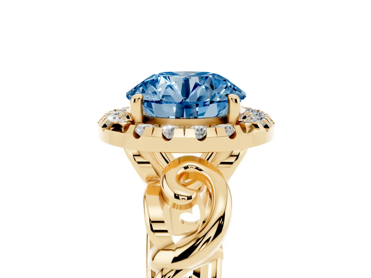 Fancy Blue Round Cut Cut Halo Diamond Ring with Scrollwork Band and Four-Prong Setting Yellow gold