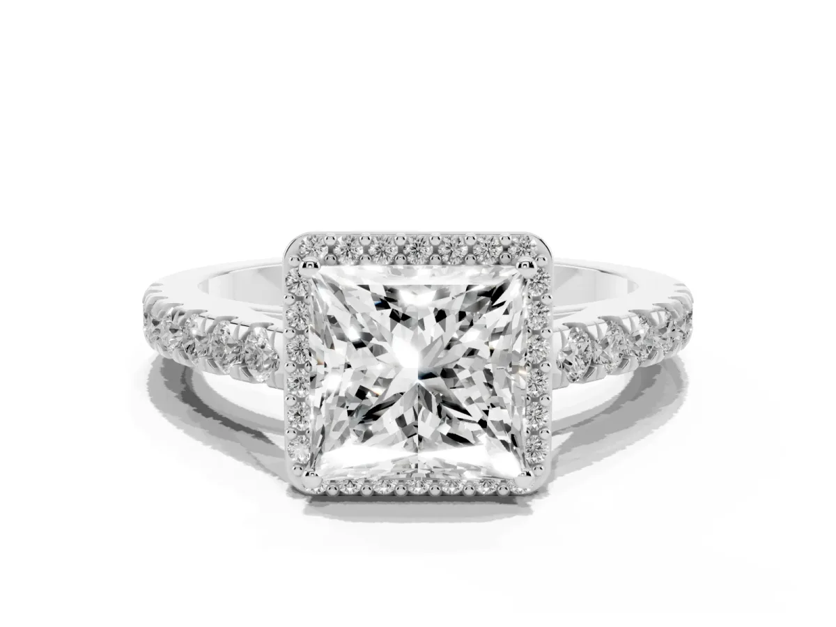 Princess Cut Cut Halo Diamond Engagement Ring with Pave Band and Four-Prong Setting Platinum