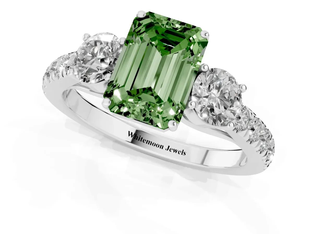 Fancy Green Emerald Cut Cut Diamond Three-Stone Ring with Round Side Stones and Pavé Band Silver