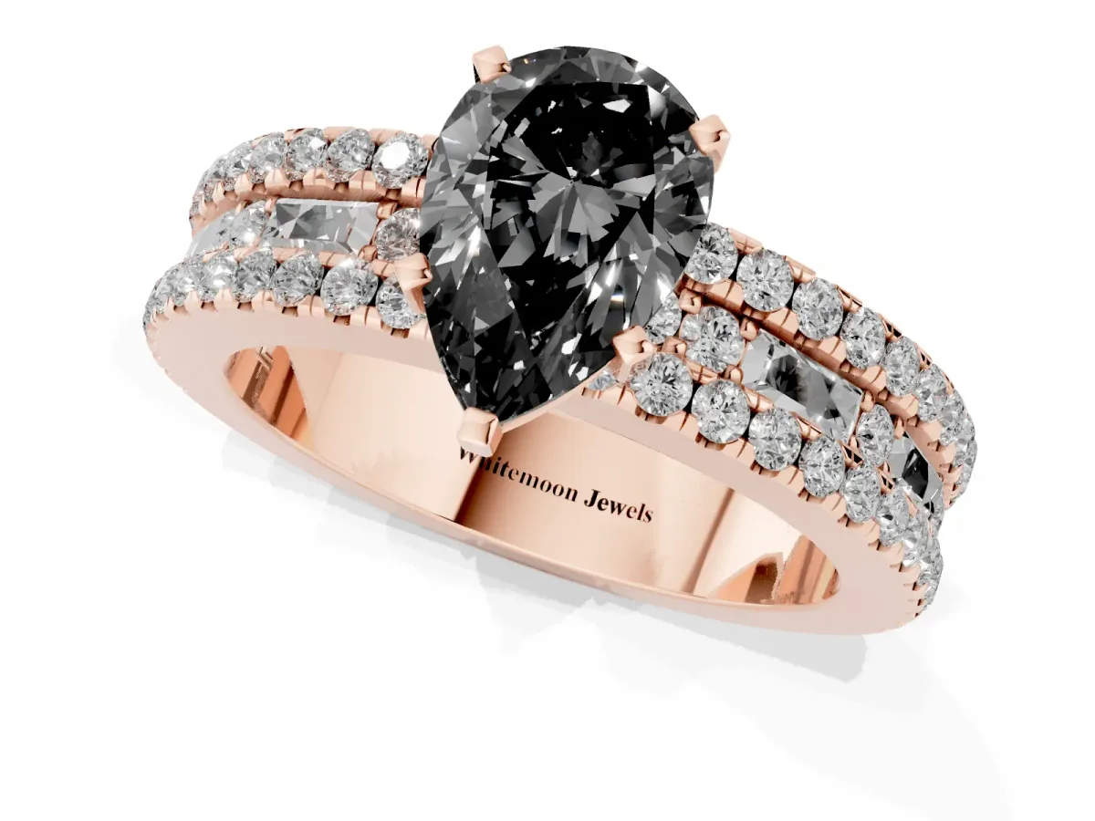 Fancy Black Pear Cut Diamond Solitaire Ring with Pavé and Channel Set Band Rose gold
