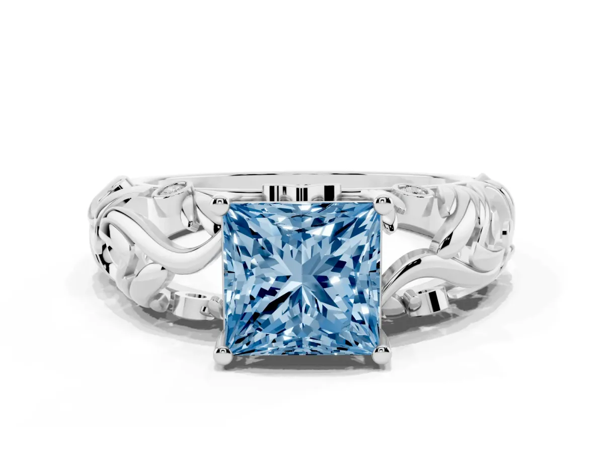 Fancy Blue Princess Cut Solitaire Diamond Leaf-Inspired Vine Band Ring with Prong Setting Silver