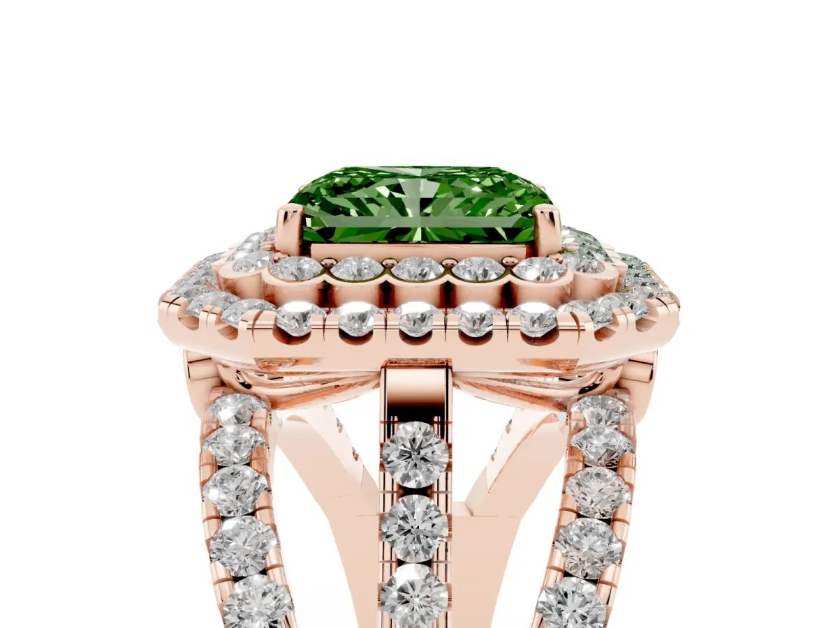 Fancy Green Radiant Cut Diamond Double Halo Ring with Round Pavé Split Shank and Prong Setting Rose gold