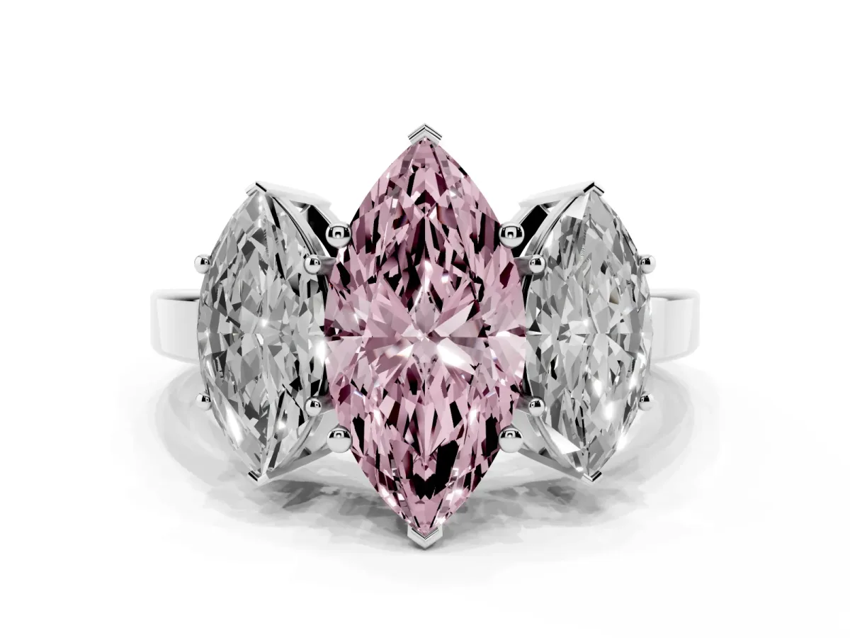 Fancy Pink Three-Stone Marquise Cut Cut Diamond Engagement Ring with Flat Band and Four-Prong Setting Silver