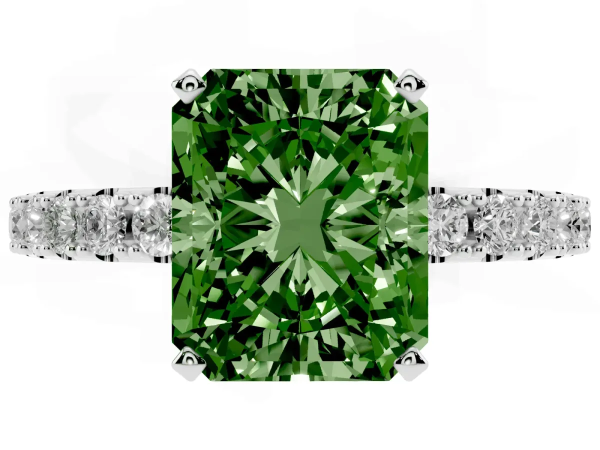 Fancy Green Radiant Cut Diamond Solitaire Pavé Band with Four-Prong Setting Silver