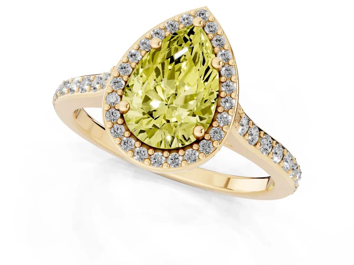 Fancy Yellow Pear Cut Diamond Halo Engagement Ring with Round Pavé Shoulders and Prong Setting Yellow gold