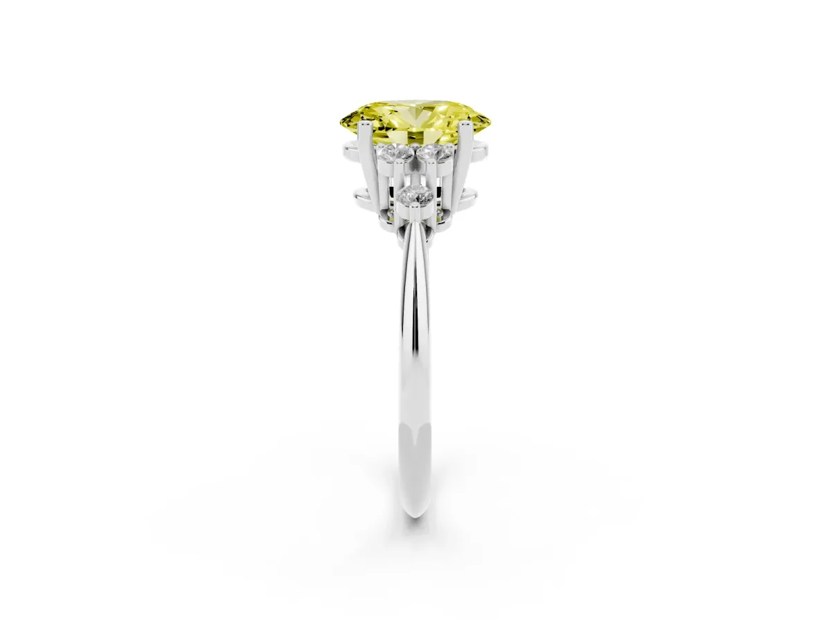 Fancy Yellow Oval Cut Cut Diamond Cluster Ring with Solitaire Band and Four-Prong Setting Silver