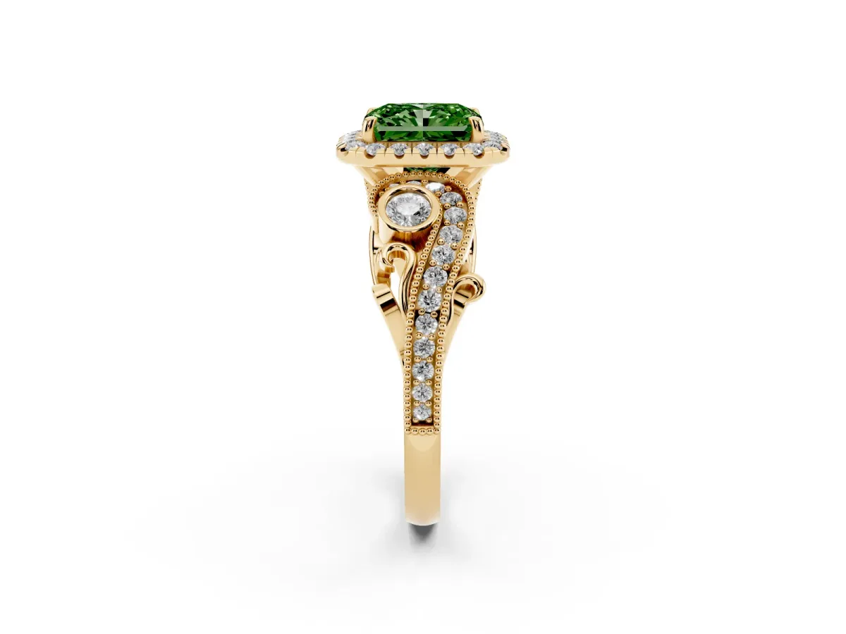 Fancy Green Radiant Cut Diamond Halo Ring with Milgrain Pavé Band and Four-Prong Setting Yellow gold