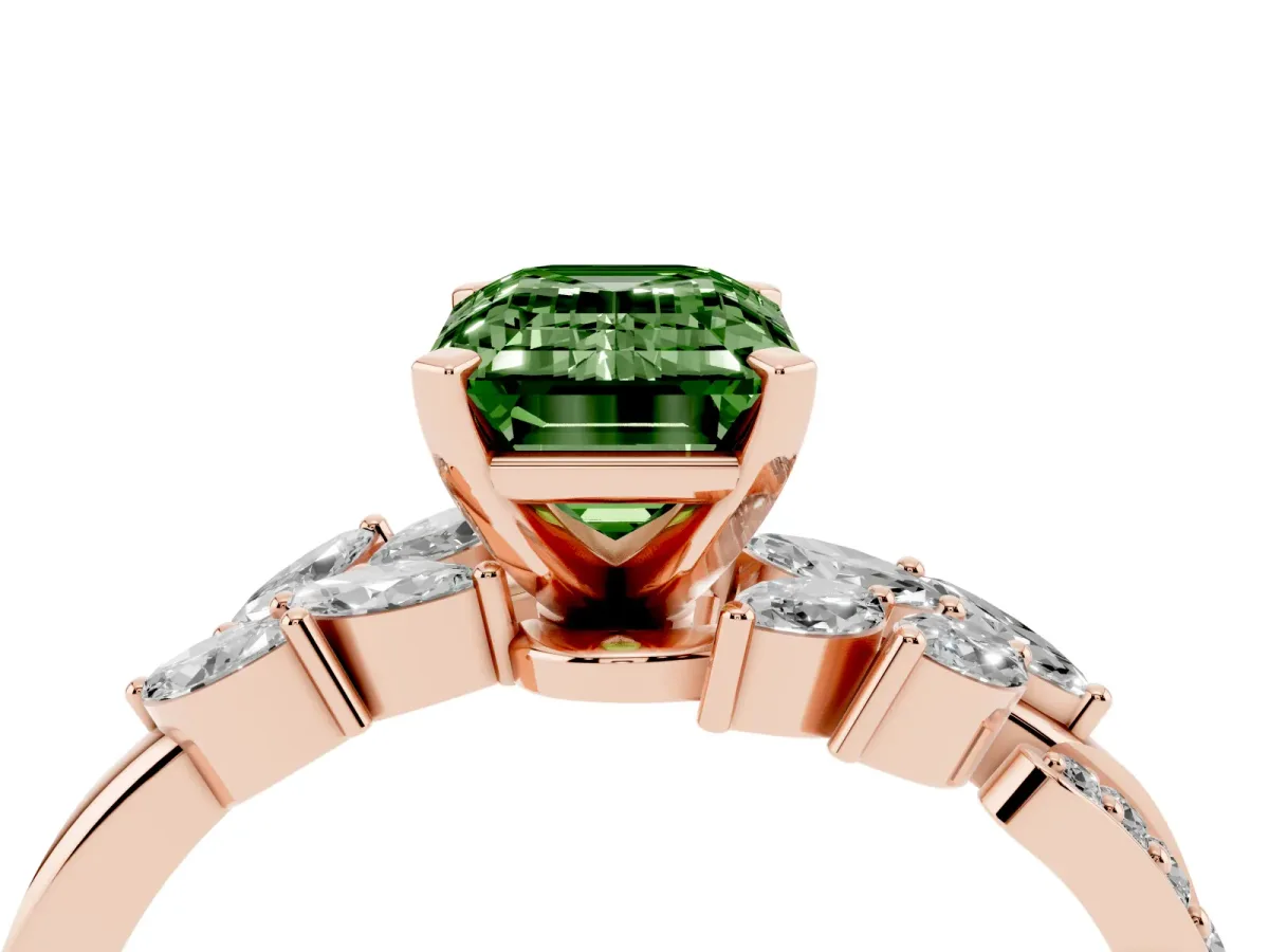 Fancy Green Emerald Cut Solitaire Marquise Twist Band with Six-Prong Setting Rose gold
