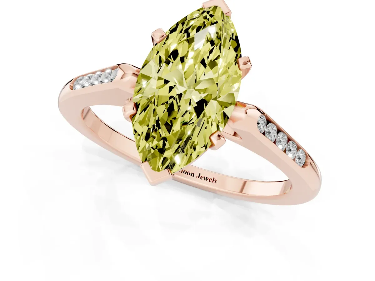 Fancy Yellow Marquise Cut Diamond Solitaire Ring with Channel Set Round Band and Prong Setting Rose gold