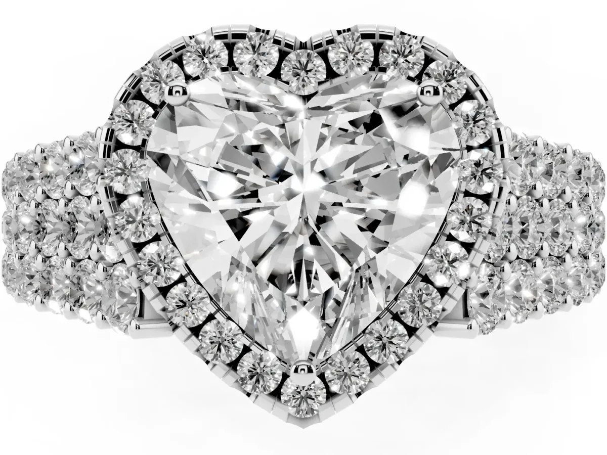Heart Cut Diamond Halo Engagement Ring with Triple Row Round Pavé Band and Prong Setting Silver
