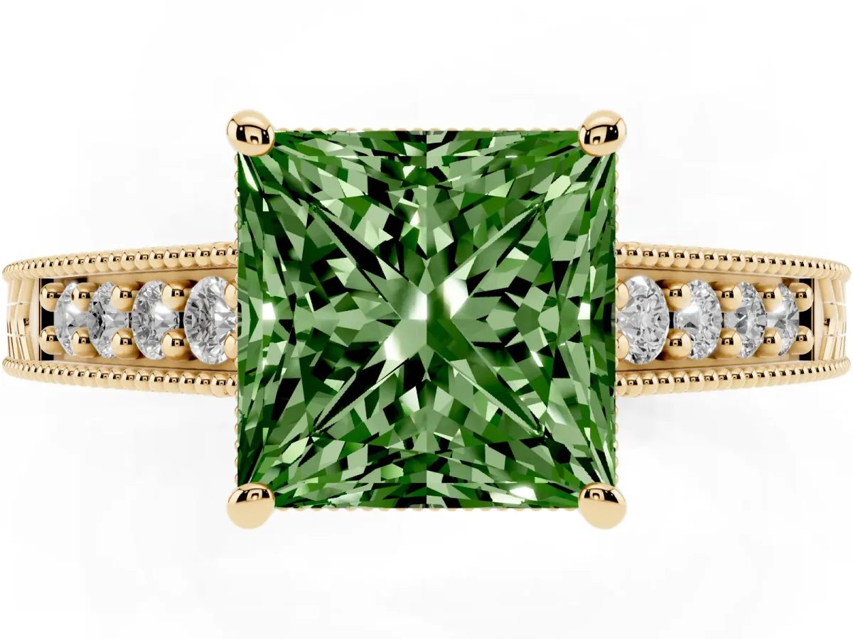 Fancy Green Princess Cut Solitaire Pavé Diamond Milgrain Engagement Ring with Four-Prong Setting Yellow gold
