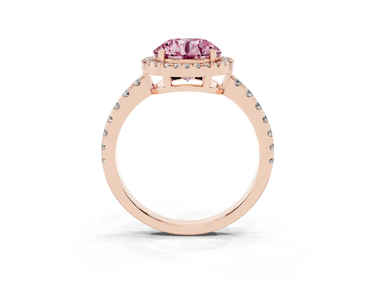 Fancy Pink Round Cut Diamond Halo Ring with Pavé Band and Four-Prong Setting Rose gold