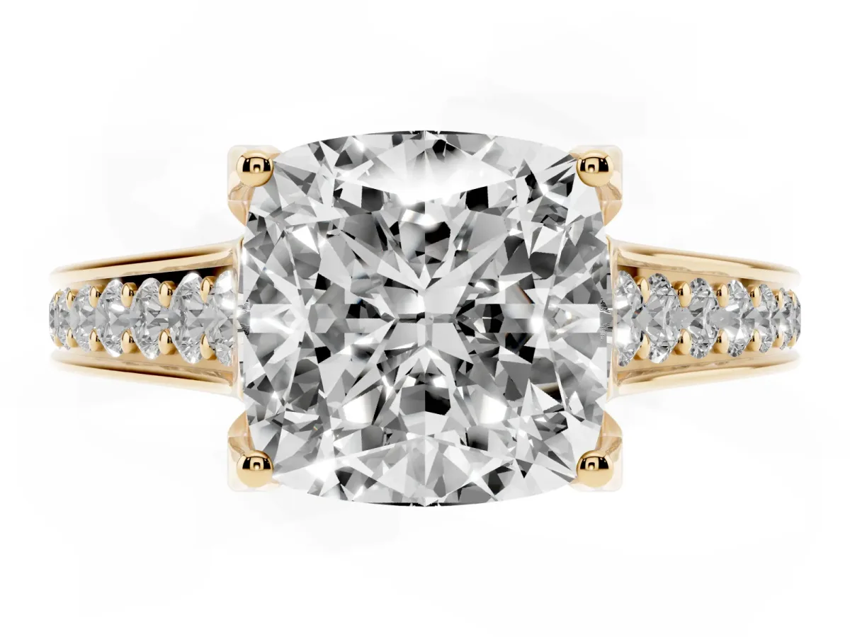 Cushion Cut Brilliant Cut Diamond Engagement Ring with Pavé Band and Four-Prong Setting Yellow gold