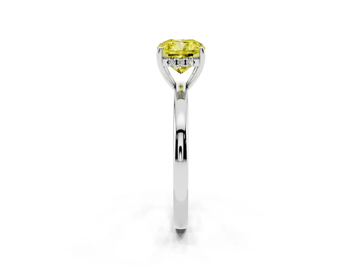 Fancy Yellow Cushion Cut Solitaire Diamond Ring with Prong Setting and Plain Band Platinum