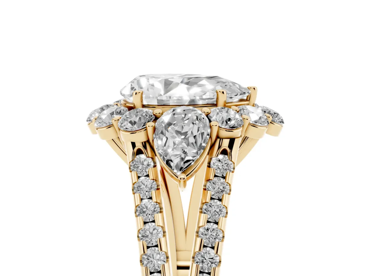 Pear Cut Halo Split Shank Diamond Engagement Ring with Prong Setting Yellow gold
