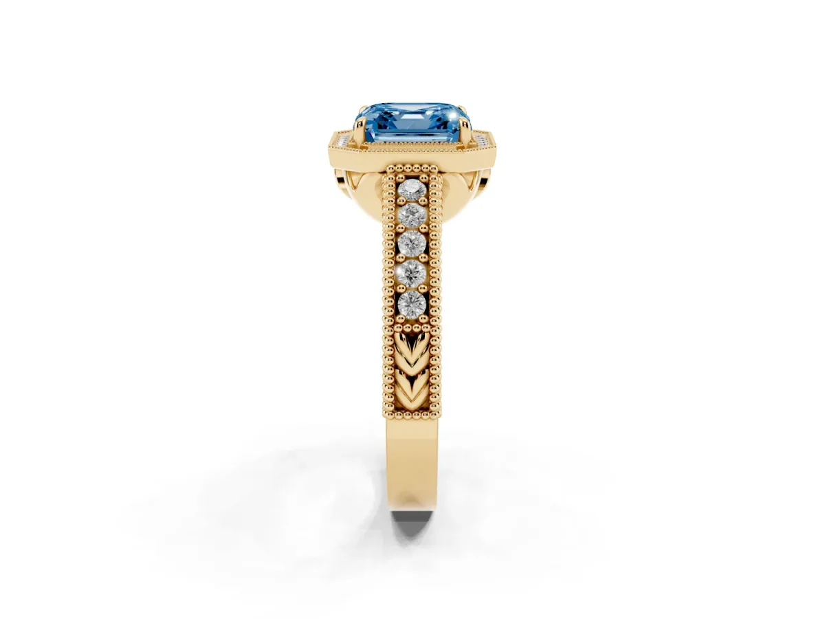 Fancy Blue Asscher Cut Cut Halo Diamond Ring with Pavé Band and Four-Prong Setting Yellow gold