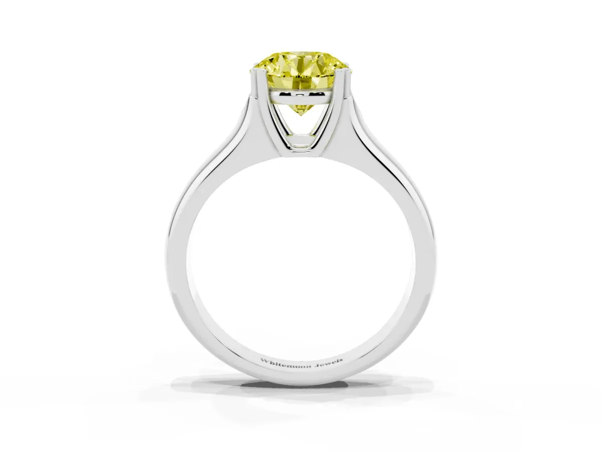 Fancy Yellow Round Cut Diamond Solitaire Ring with Wide Band and Prong Setting Silver