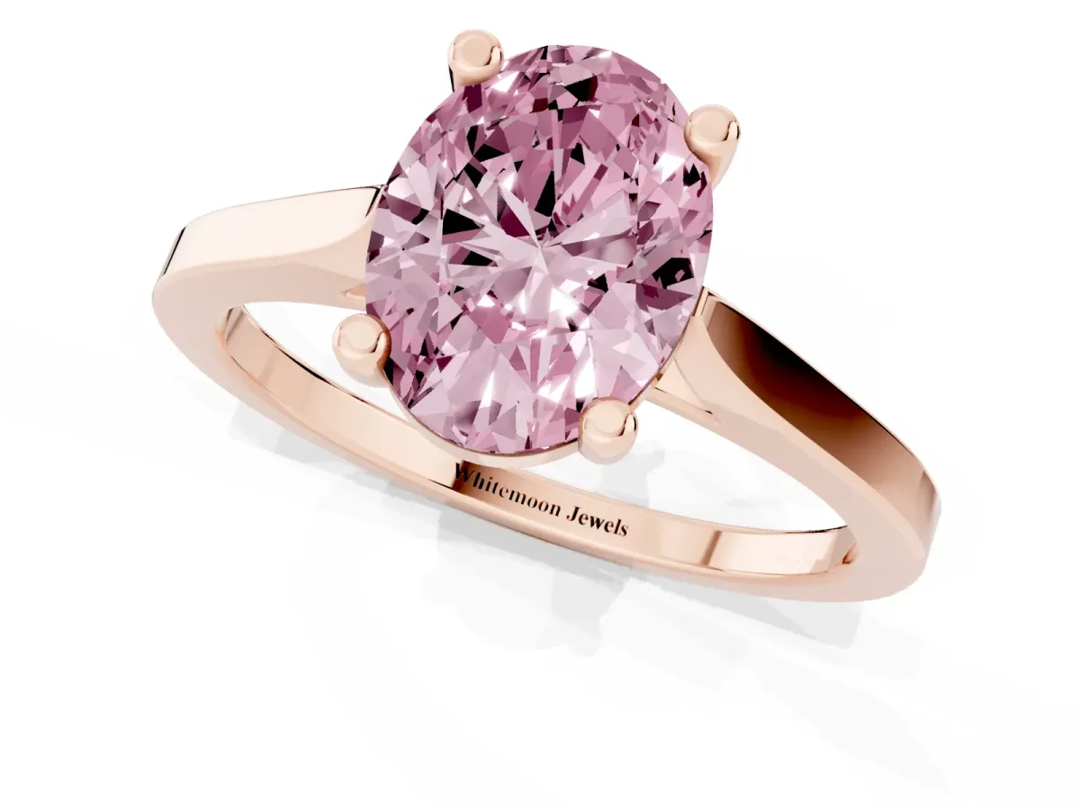 Fancy Pink Oval Cut Solitaire Diamond Ring with Four-Prong Setting and Tapered Band Rose gold