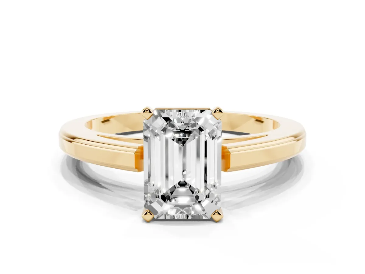 Emerald Cut Solitaire Diamond Ring with Four-Prong Setting and Classic Band Yellow gold