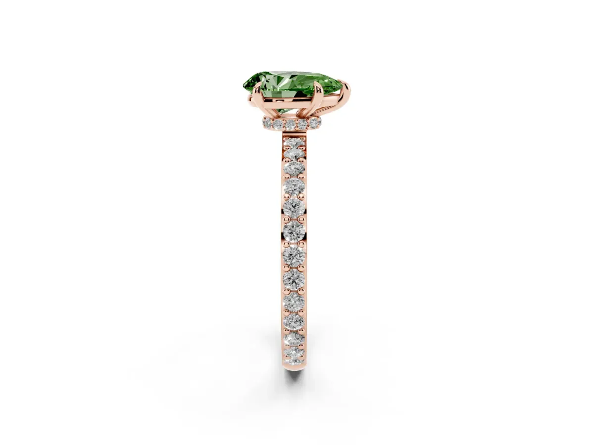 Fancy Green Pear Cut Diamond Pavé Engagement Ring with Round Accents and Prong Setting Rose gold
