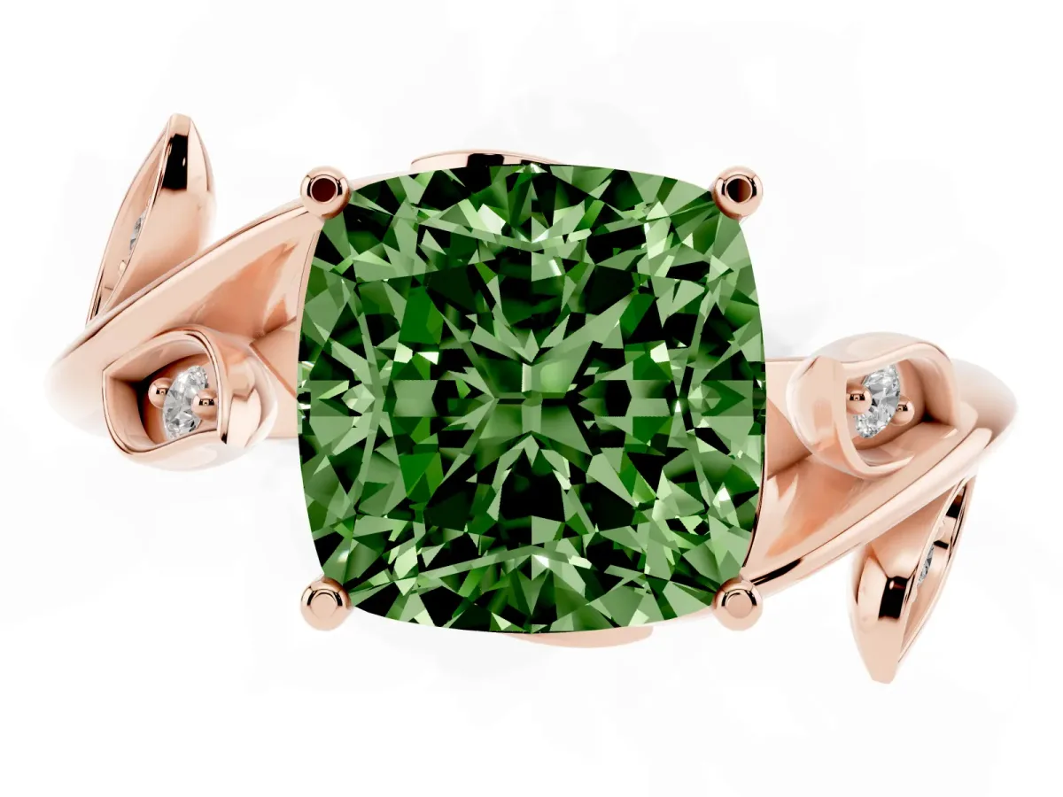 Fancy Green Cushion Cut Solitaire Twist Engagement Ring with Leaf Accents and Prong Setting Rose gold