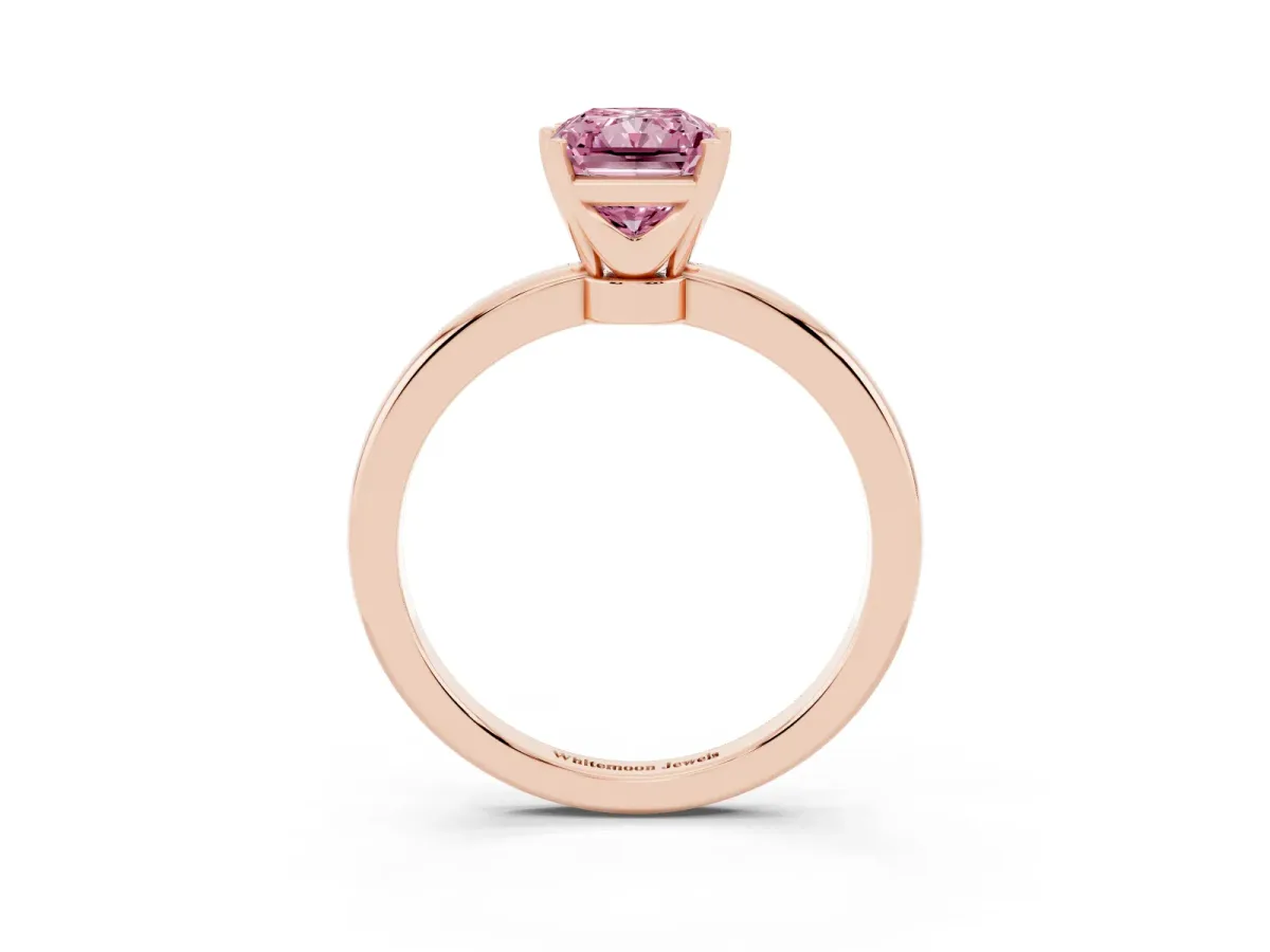 Fancy Pink Radiant Cut Solitaire Diamond Ring with Six-Prong Setting on a Classic Band Rose gold