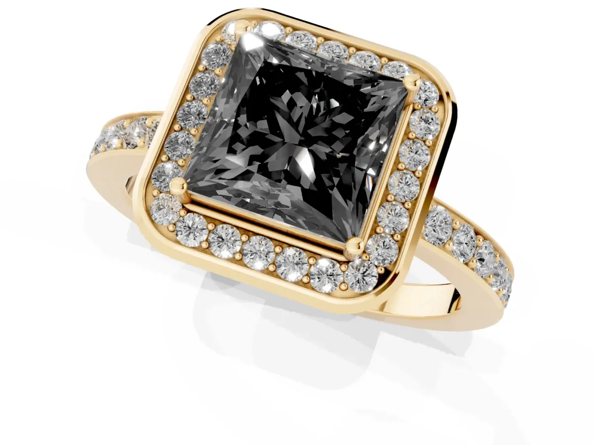Fancy Black Princess Cut Diamond Halo Ring with Bezel Frame and Pavé Band Yellow gold