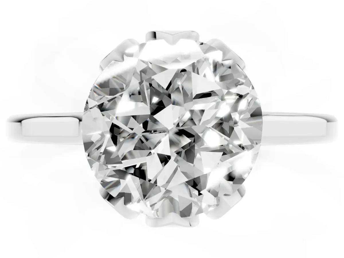 Round Cut Diamond Solitaire Ring with Flower Prong Setting and Classic Band Silver