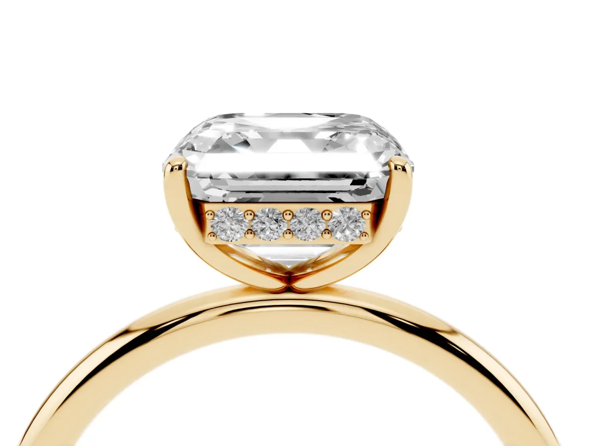 Asscher Cut Solitaire Diamond Ring with a Classic Band and Four-Prong Setting Yellow gold