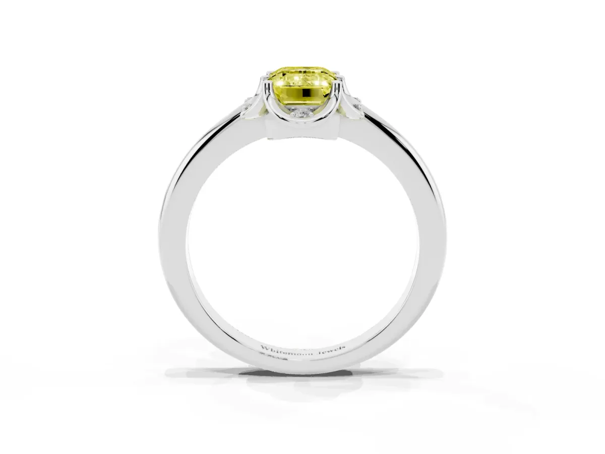 Fancy Yellow Emerald Cut Halo Diamond Ring with Round Cluster Setting, Solitaire Band, and Four-Prong Setting Silver