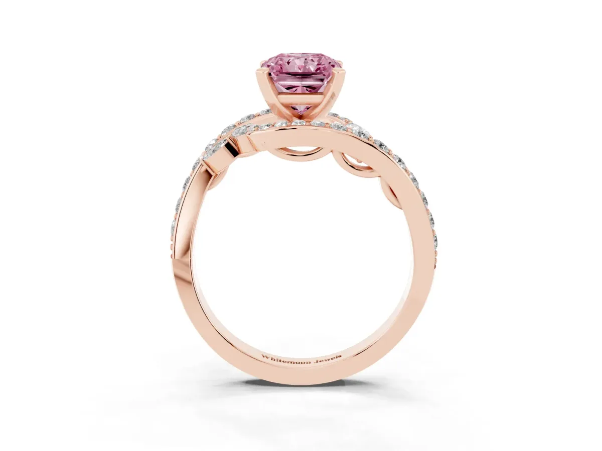 Fancy Pink Radiant Cut Solitaire with Pavé Twist Band and Four-Prong Setting Rose gold