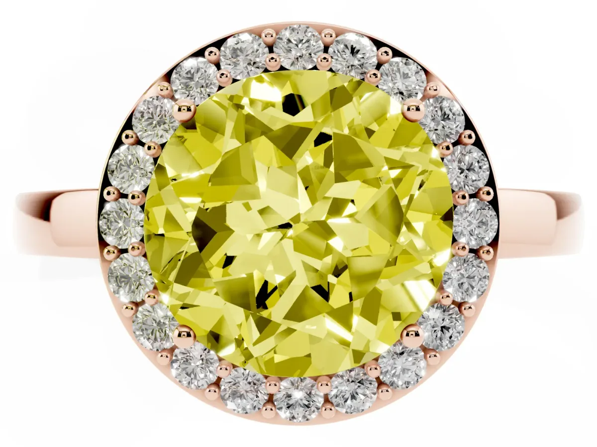 Fancy Yellow Round Cut Halo Diamond Ring with Solitaire Band and Prong Setting Rose gold