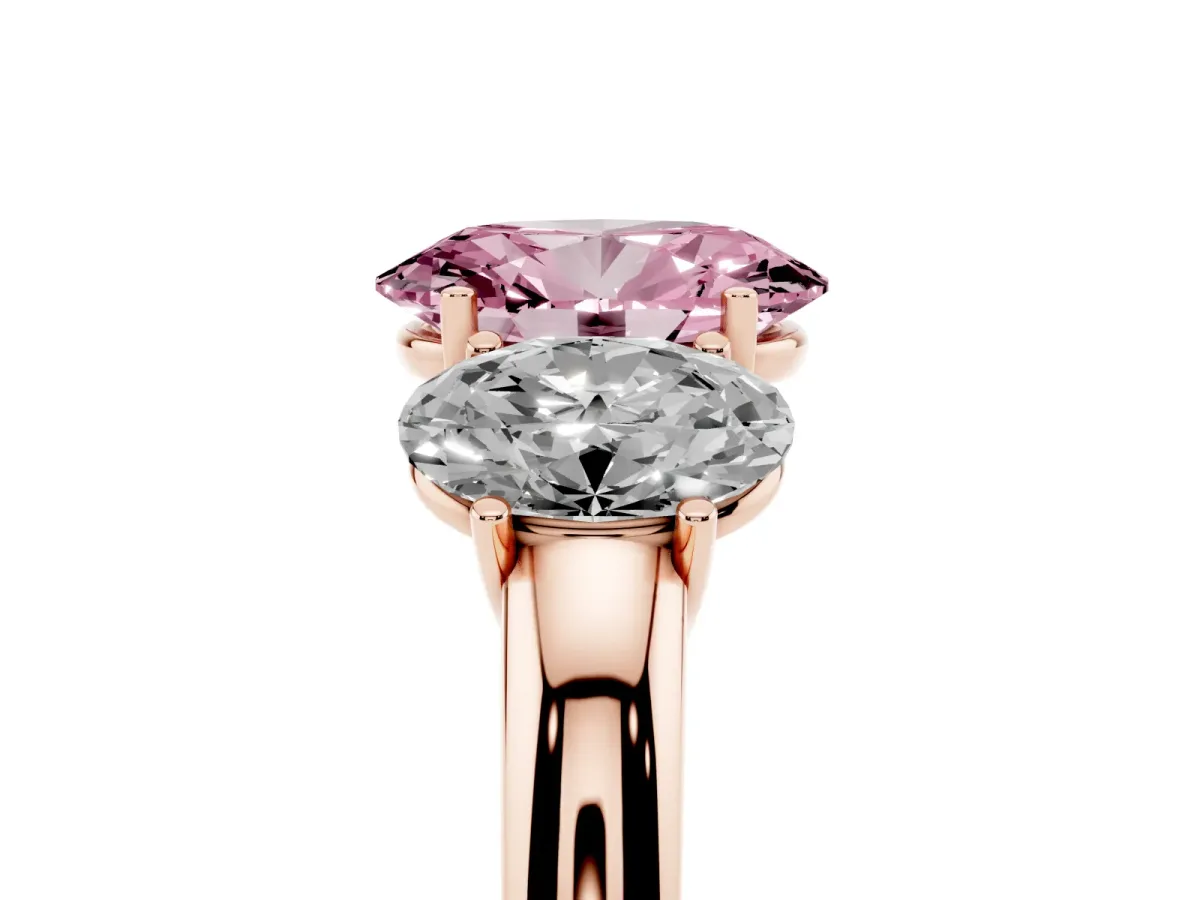 Fancy Pink Oval Cut Diamond Three-Stone Ring with Four-Prong Setting and Classic Band Rose gold