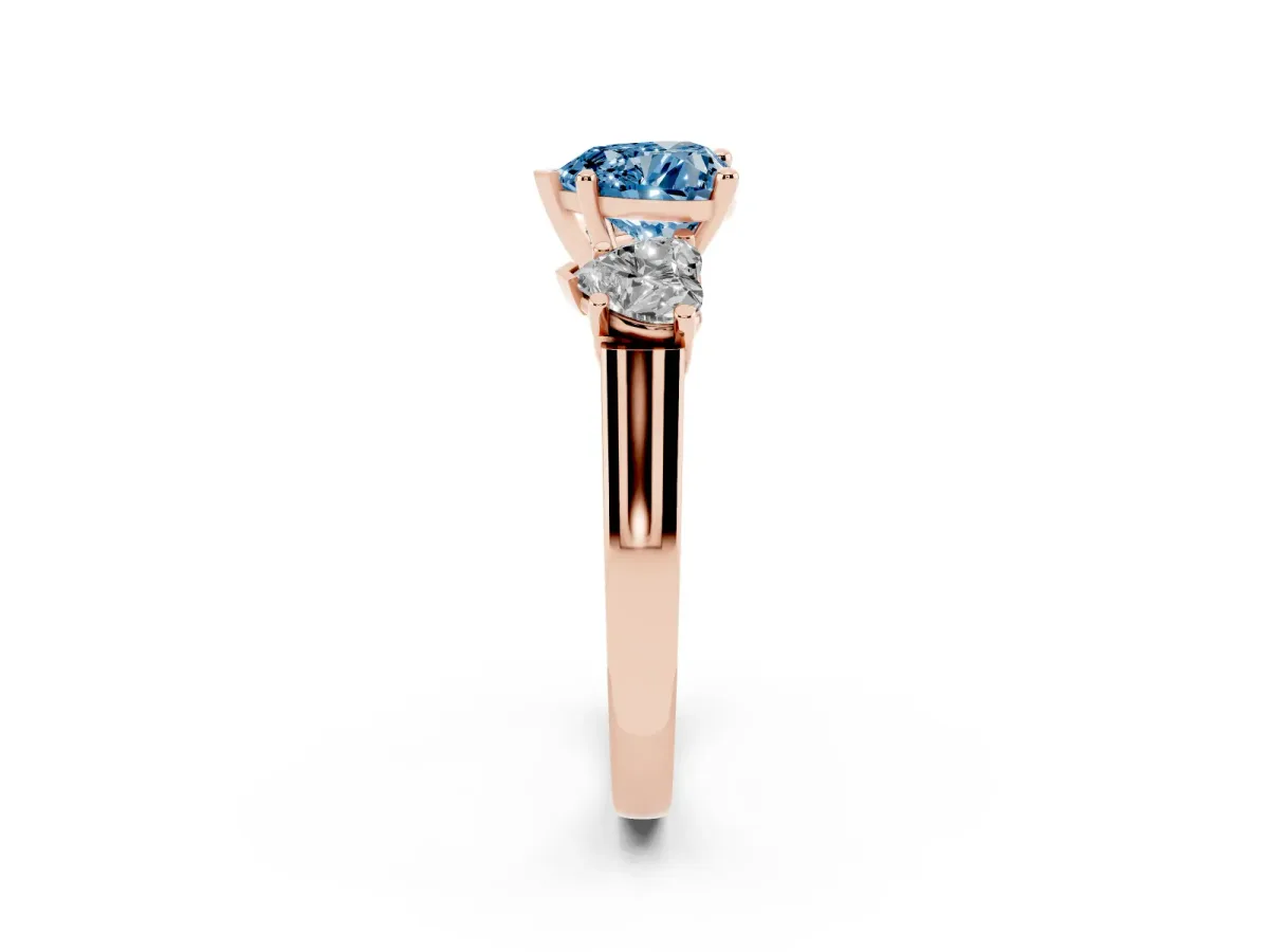 Fancy Blue Three-Stone Heart Cut Brilliant Diamond Trellis Ring with Comfort Fit Band Rose gold