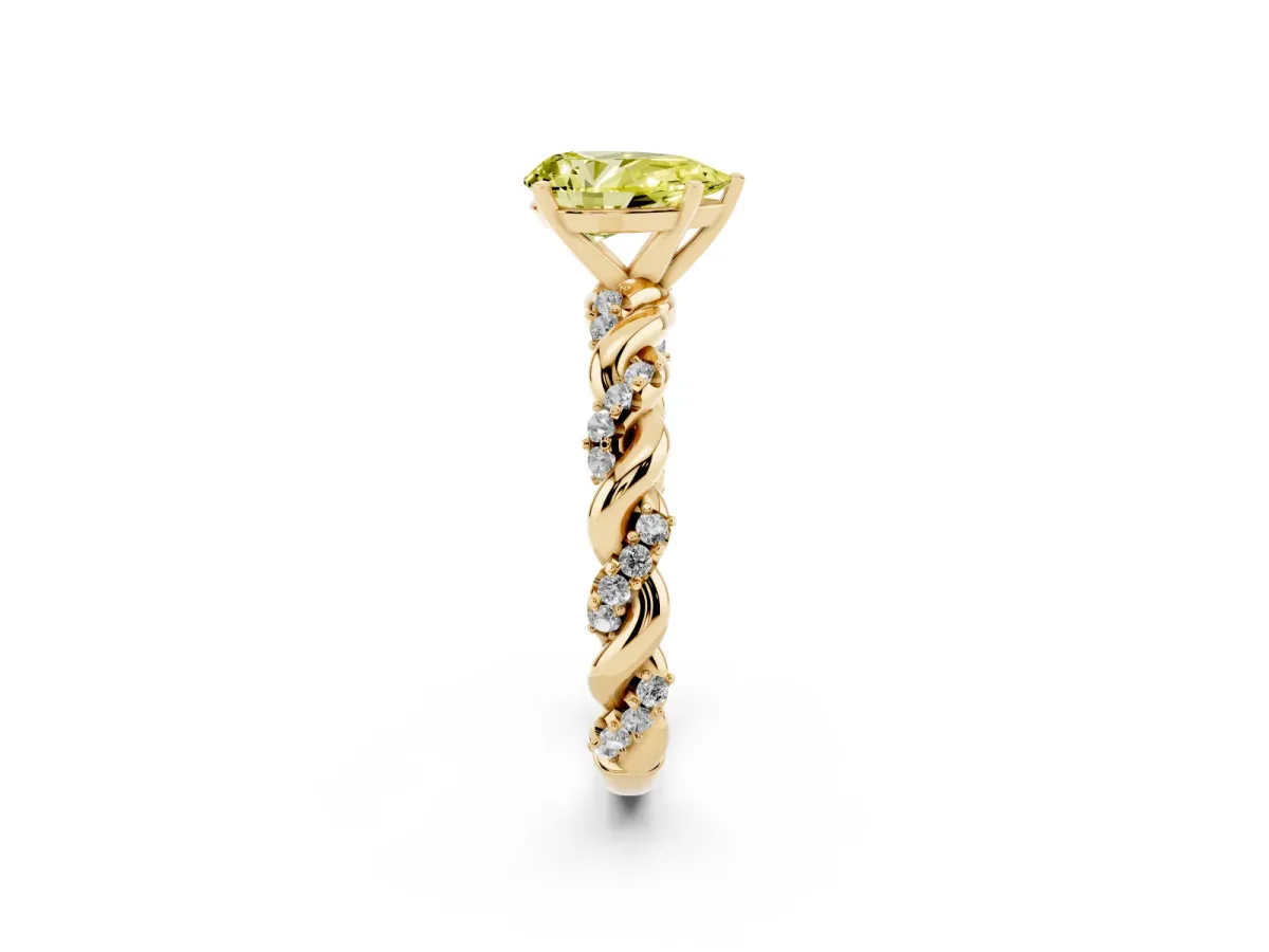 Fancy Yellow Pear Cut Diamond Solitaire Ring with Twisted Band and Pavé Accents Yellow gold