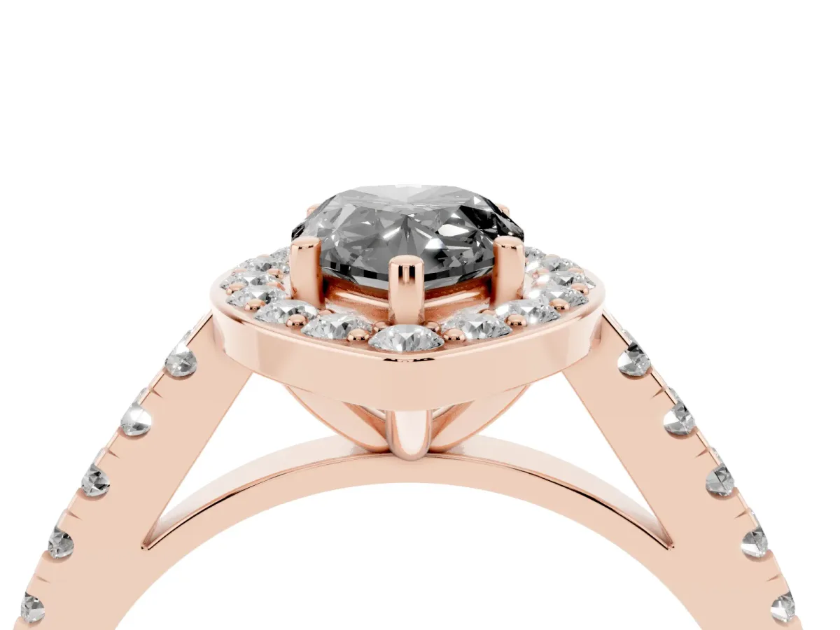 Fancy Black Pear Cut Diamond Halo Ring with Round Pavé Split Shank and Prong Setting Rose gold