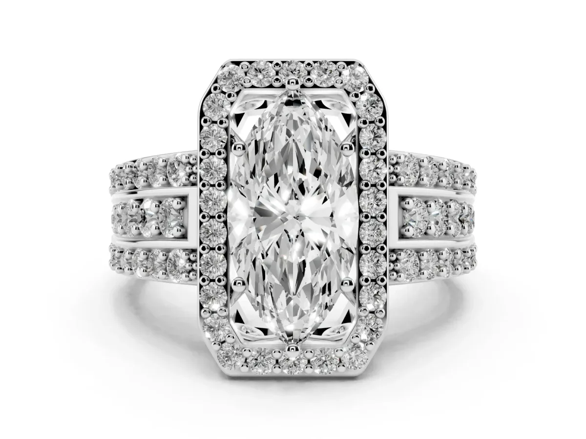 Marquise Cut Halo Diamond Ring with Round Split Shank and Prong Setting Silver