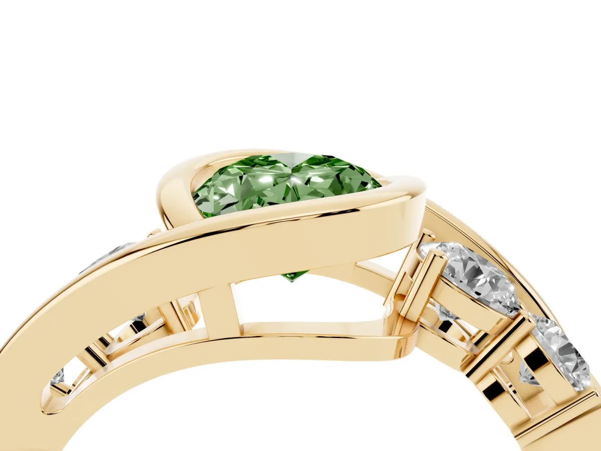 Fancy Green Bezel Set Oval Cut Diamond Bypass Ring with Round Accents Yellow gold