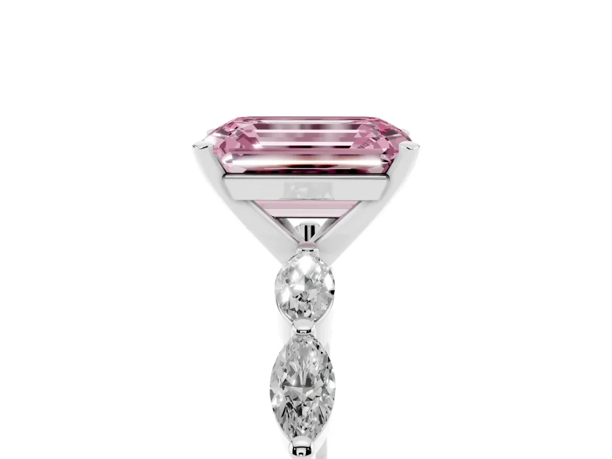 Fancy Pink Emerald Cut Diamond Ring with Marquise Side Stones and Prong Setting White gold