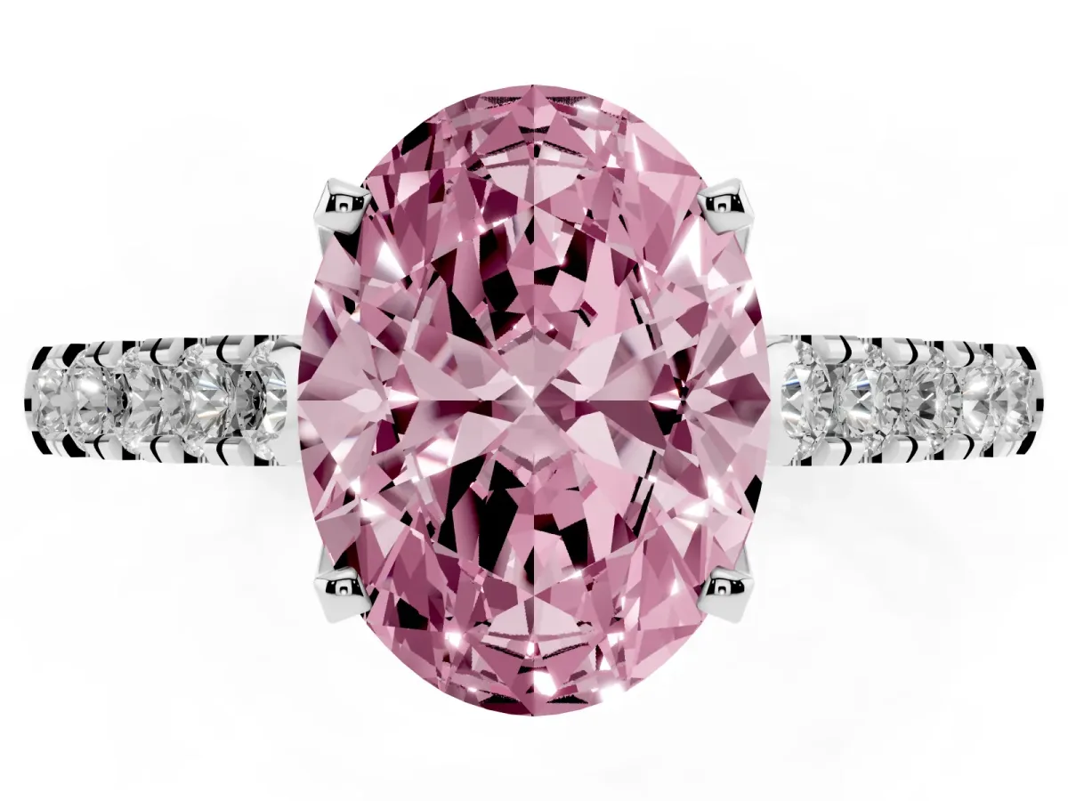 Fancy Pink Oval Cut Diamond Pavé Band Solitaire Ring with Prong Setting White gold