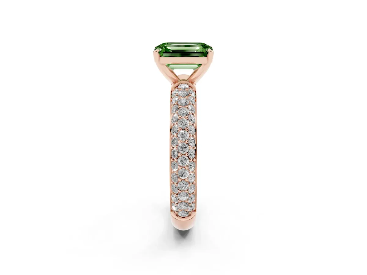 Fancy Green Emerald Cut Diamond Solitaire Ring with Prong Setting and Pavé Band Rose gold