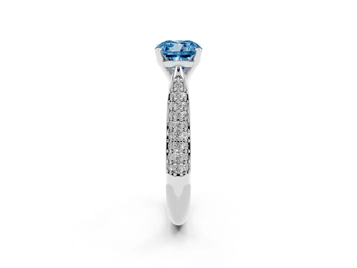 Fancy Blue Cushion Cut Diamond Solitaire Engagement Ring with Multi-Row Round Pavé Band and Prong Setting Silver