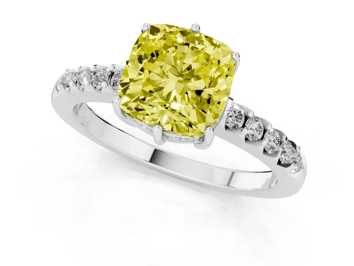 Fancy Yellow Cushion Cut Solitaire Diamond Engagement Ring with Pavé Band and Six-Prong Setting White gold