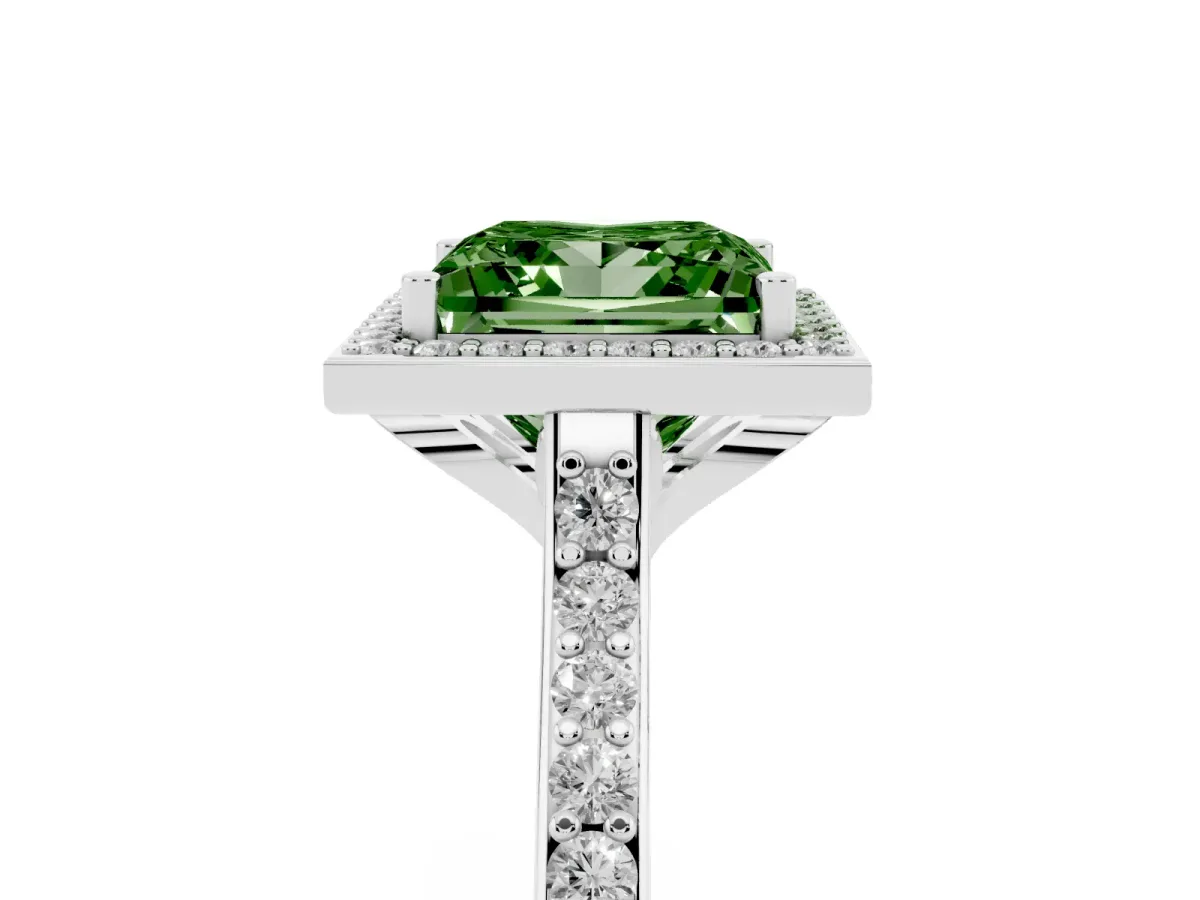 Fancy Green Princess Cut Diamond Halo Engagement Ring with Round Pavé Shoulders and Prong Setting Silver