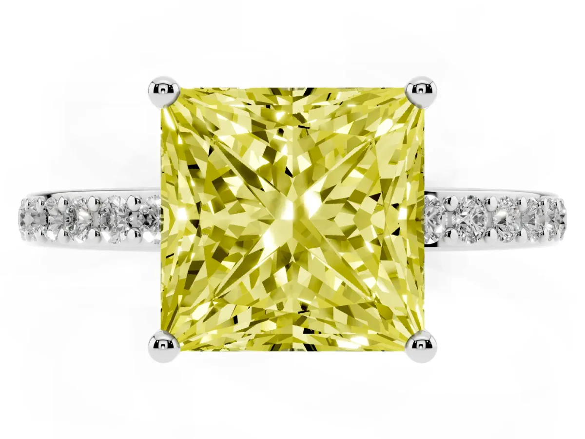 Fancy Yellow Princess Cut Cut Diamond Pavé Band Ring with Four-Prong Setting Silver