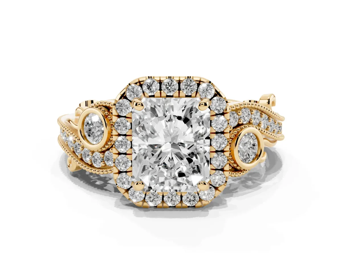 Radiant Cut Halo Diamond Ring with Milgrain and Bezel Accents on a Split Shank Band Yellow gold
