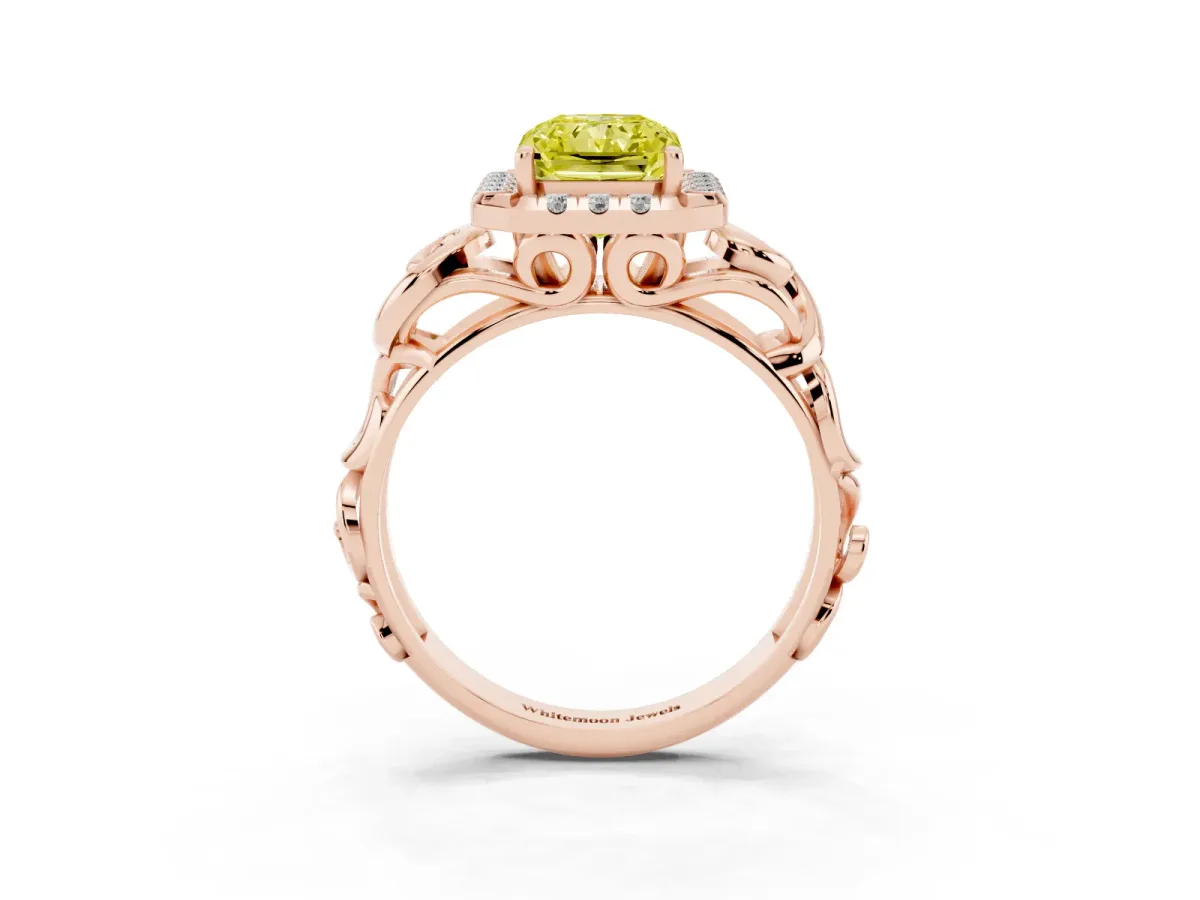 Fancy Yellow Radiant Cut Cut Halo Diamond Ring with Scrollwork Band and Four-Prong Setting Rose gold