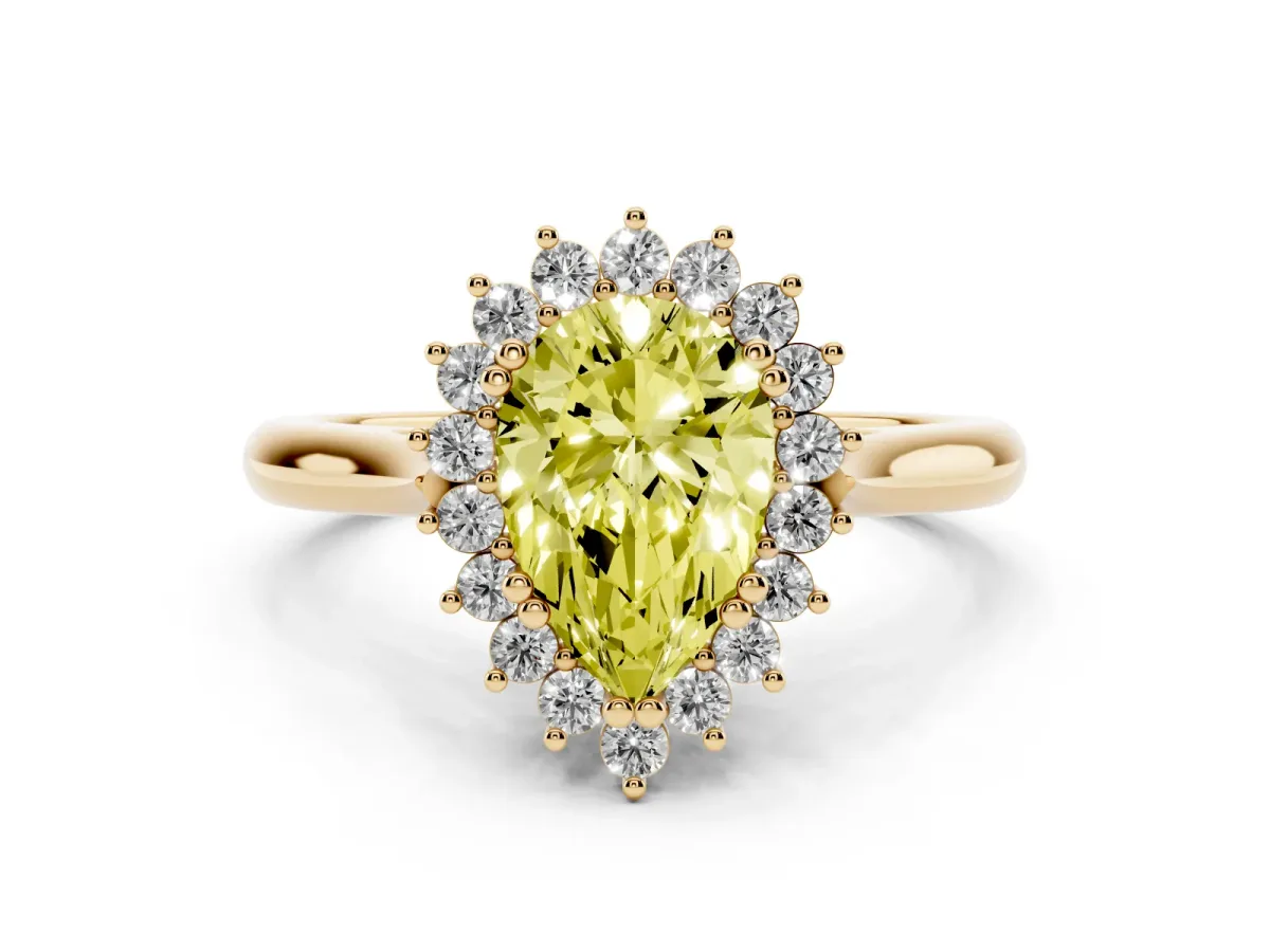 Fancy Yellow Pear Cut Cut Diamond Halo Ring with Solitaire Band and Prong Setting Yellow gold
