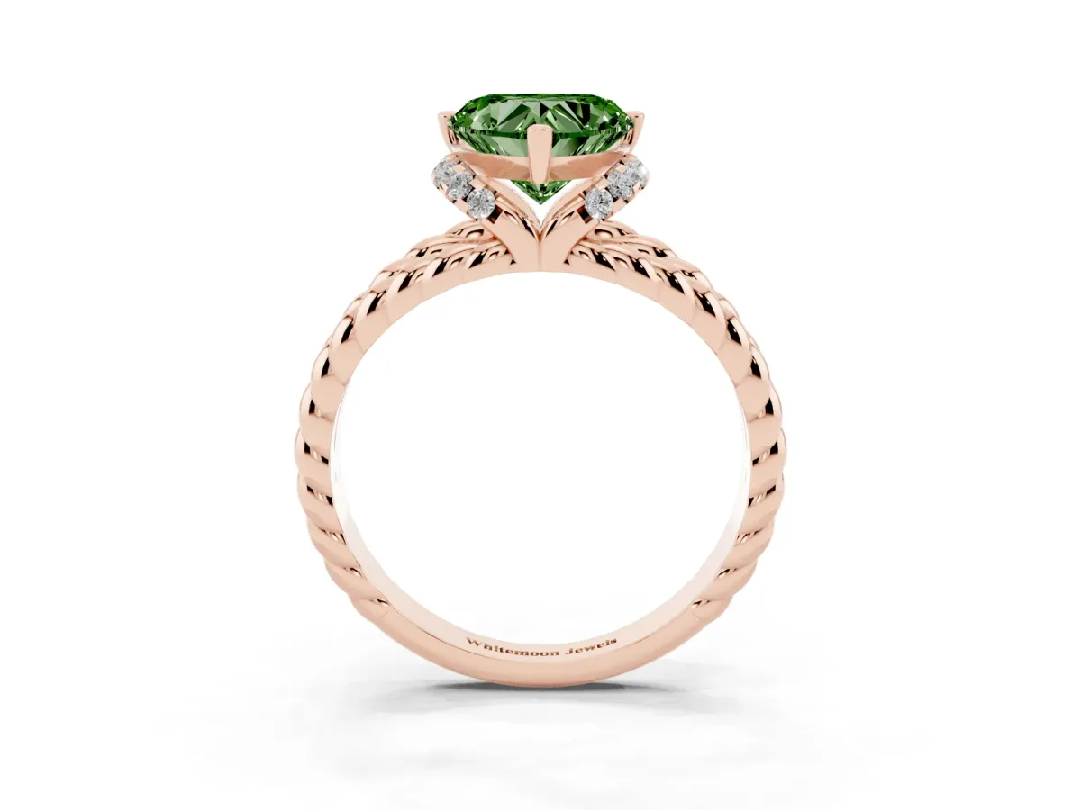 Fancy Green Heart Cut Halo Twisted Band Four-Prong Ring Rose gold